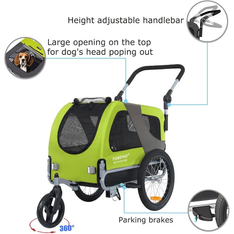 Premium M Pet Bike Trailer Stroller 2in1for Dogs up to 50 lbs Parking Brakes Easy Folding Cart Frame Universal Bicycle Coupler