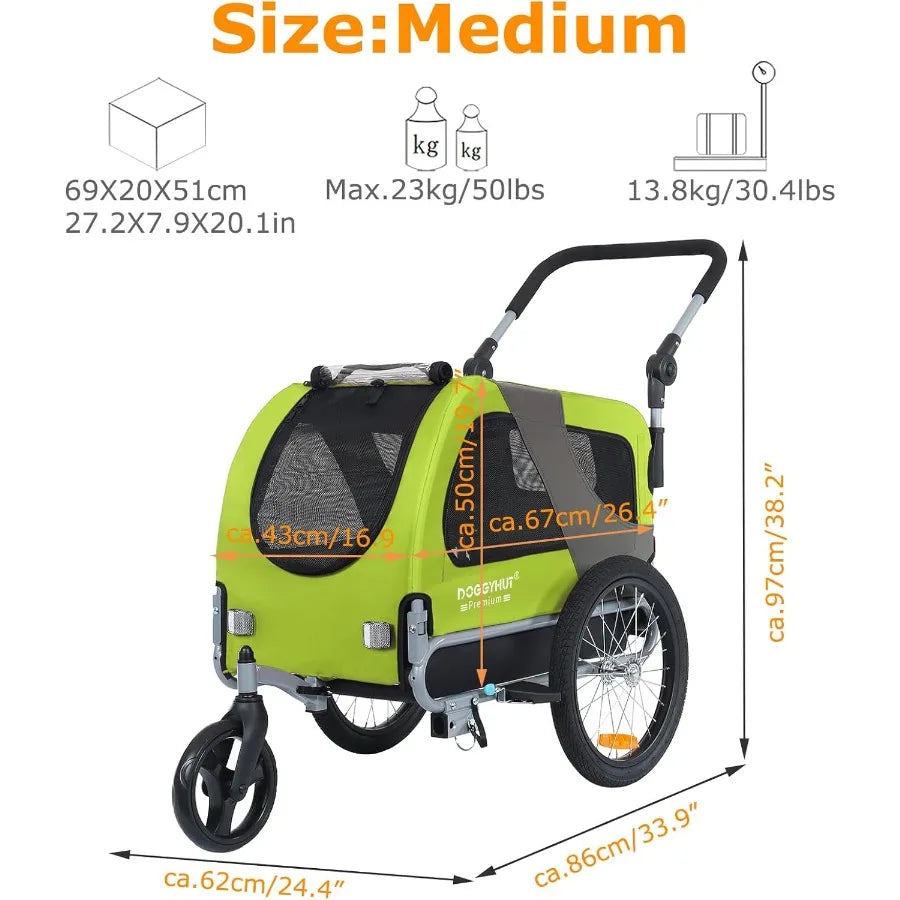 Premium M Pet Bike Trailer Stroller 2in1for Dogs up to 50 lbs Parking Brakes Easy Folding Cart Frame Universal Bicycle Coupler